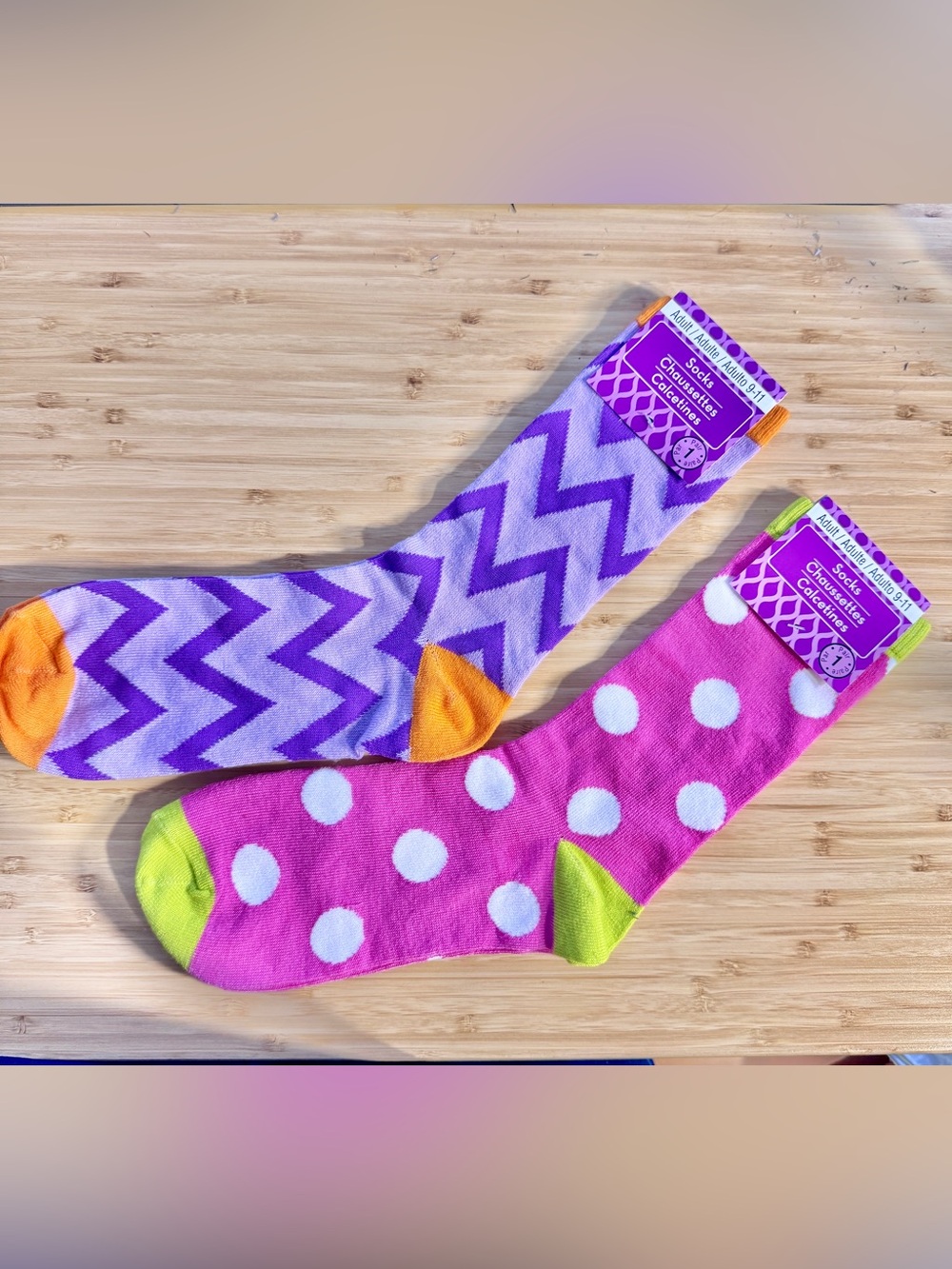 Purple Chevron & Pink Polka Dot Fun Crew Socks - Adult 9-11 - NWT
